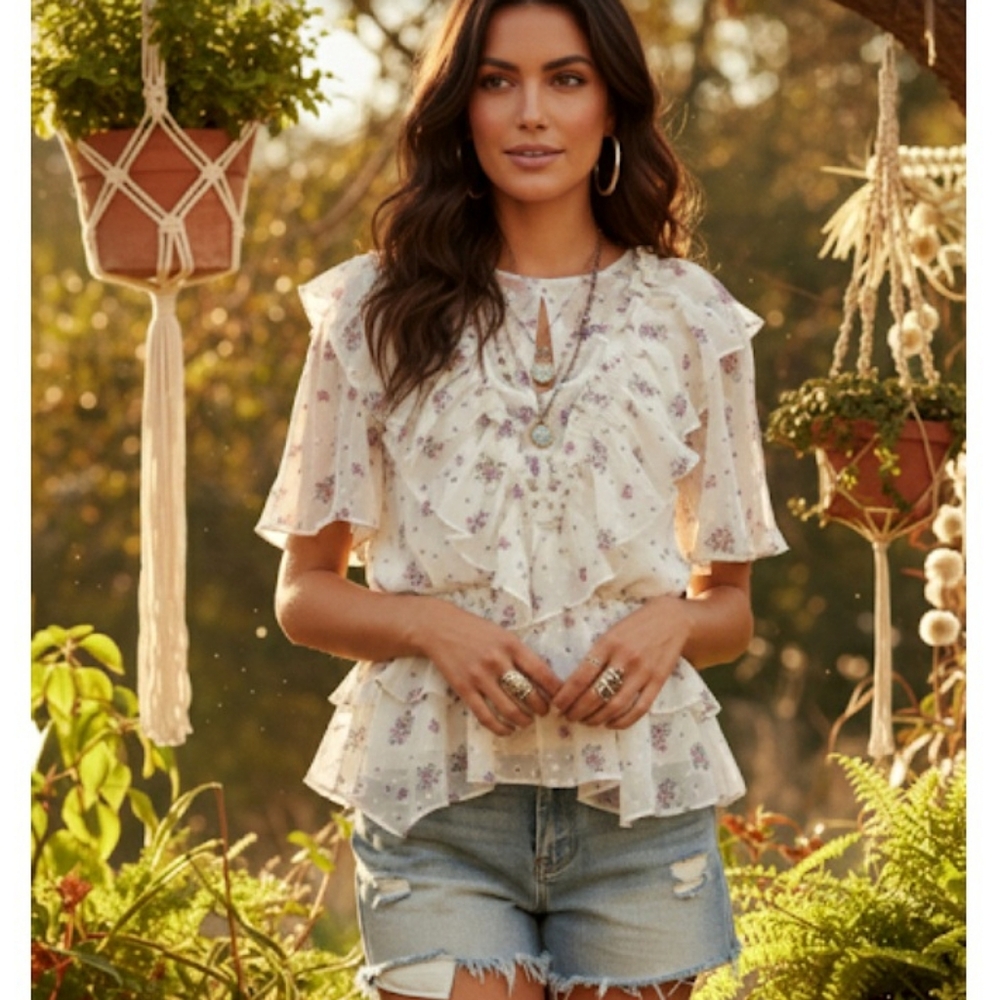 Walter Baker Floral Tiered Ruffle Top Swiss Dot Sheer Blouse Size Small